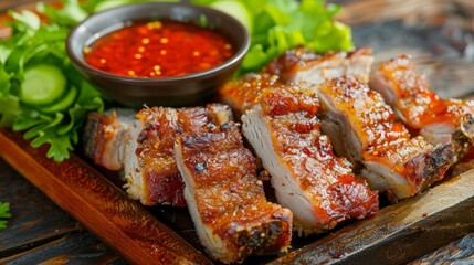 deep fried pork , belly of pork or pork or fried pork with cucumber and spicy sauce or dip - obrazy, fototapety, plakaty