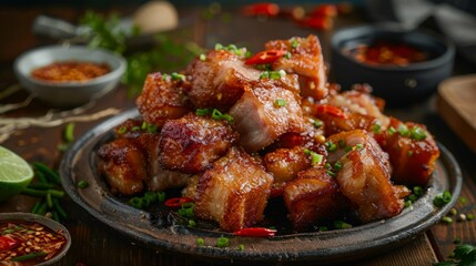 deep fried pork , belly of pork or pork or fried pork with cucumber and spicy sauce or dip