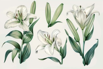 Set of elegant blooming lilies with buds on white. - obrazy, fototapety, plakaty
