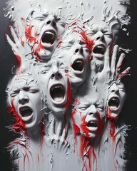 Black wall full of human scared faces, screaming, tactile effect, detailed, three-dimensional painting, 3D effect, dramatic light. Panic, claustrophobia, trapped - obrazy, fototapety, plakaty