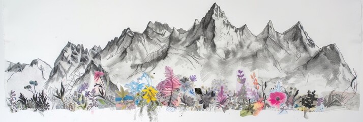 Mixed media sketch design of mountains - Black white and pastel colors, simple, uncluttered visual style with loose strokes, pencil, pen, ink, pasted collage created with Generative AI Technology