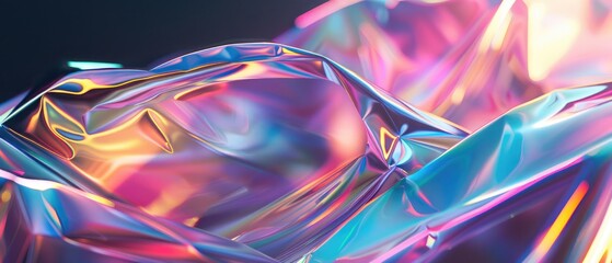 Ethereal abstract design featuring a blend of iridescent colors refracting through a 3d glass texture with a dark background