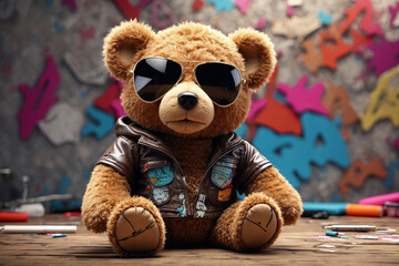 Digital art gangster Teddy bear with stitches and classic aviator sunglasses graffiti all over the world