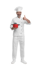 Happy chef in uniform with cooking pot showing thumbs up on white background