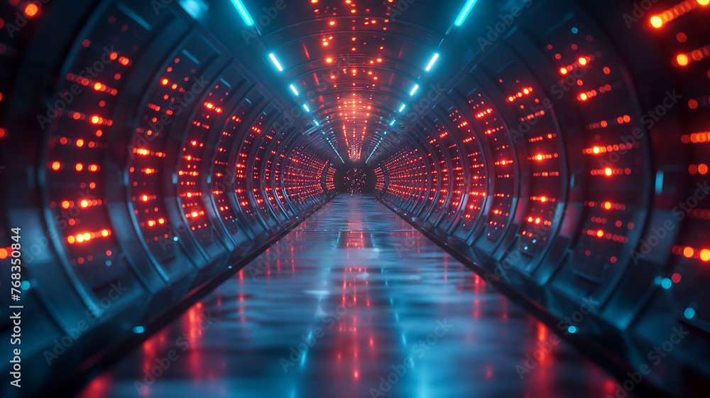 Poster abstract door in tunnel with digital data center light signals. future computer technology concept o
