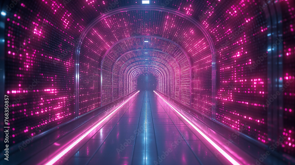 Poster abstract door in tunnel with digital data center light signals. future computer technology concept o