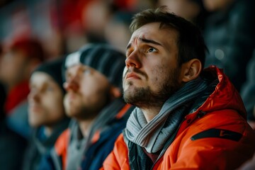 Disheartened football fans react to teams loss in stands displaying sadness and dismay after defeat. Concept Football Fans, Disheartened Reactions, Stadium, Defeat, Sadness