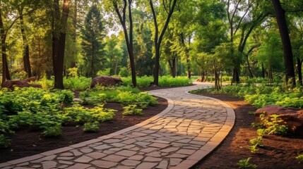 City Park "Krasnodar" or Galitsky Park. Winding stone path. On sides are evergreen and deciduous plants. Free resting place for citizens. AI generated