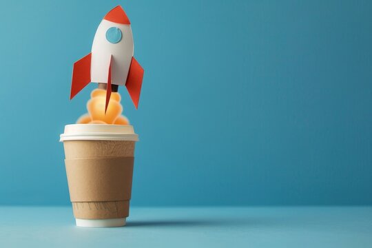 Rocket taking off and paper cup of coffee on blue background