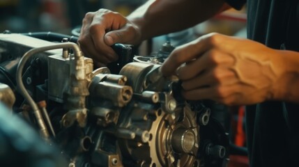 Close-up photo of a car mechanic working on a car engine in a mechanics repair service garage.