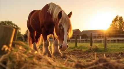 Clydesdale horse eating grass against golden Light sunset
