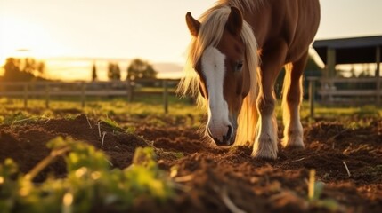 Clydesdale horse eating grass against golden Light sunset