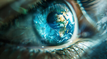  Eye in super close up and detailed with earth reflection 