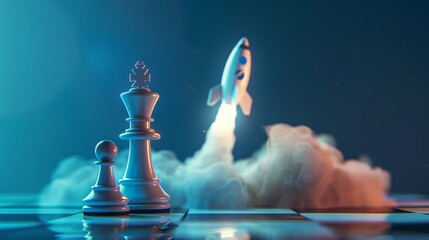 Rocket taking off near chess pieces on blue background, strategy concept in startup - obrazy, fototapety, plakaty