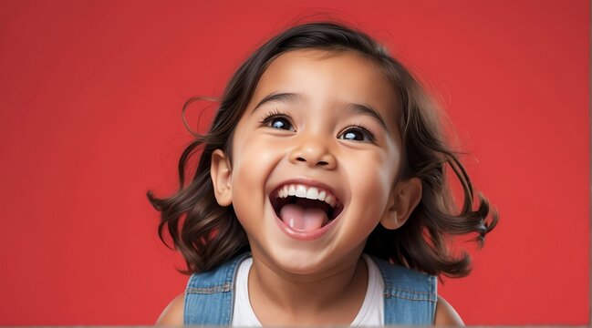 hispanic toddler on plain bright red background laughing hysterically looking at camera background banner template ad marketing concept from Generative AI