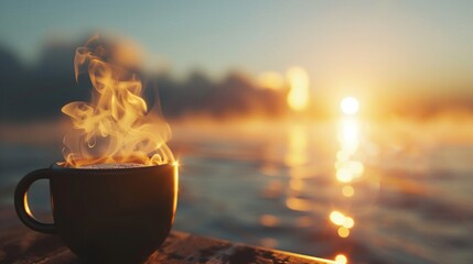 Steam rising from a hot drink with sunrise in the background, new beginnings hyper realistic - obrazy, fototapety, plakaty