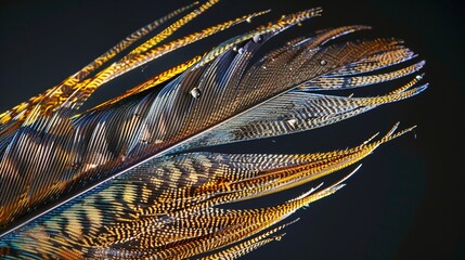 Ultradetailed photograph of a feather, capturing its intricate structure and the play of colors low noise