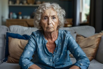 Elderly woman sitting on a sofa at home looking worried possibly dealing with mental health issues. Concept Elderly Care, Mental Health Awareness, Worried Expression, Home Environment
