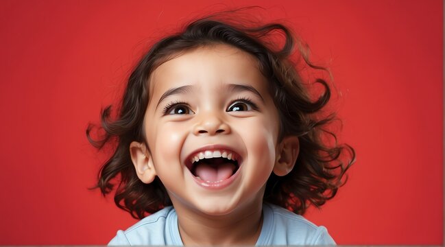 middle eastern toddler on plain bright red background laughing hysterically looking at camera background banner template ad marketing concept from Generative AI