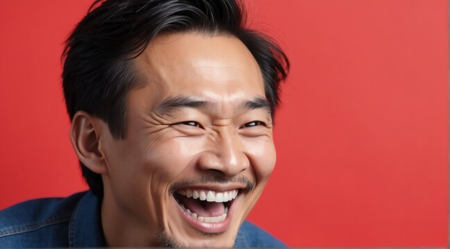 young aisan middle aged man on plain bright red background laughing hysterically looking at camera background banner template ad marketing concept from Generative AI