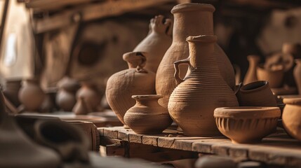 Perfume among pottery and clay sculptures, artisan craft no dust