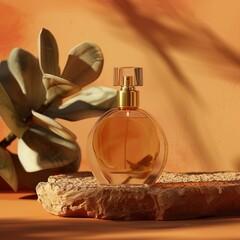 Luxury fragrance on a background of terracotta and sandstone, earthy warmth hyper realistic