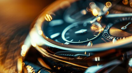 Macro photography of a luxury wristwatch focusing on the texture of the leather strap and the gleaming watch face no splash