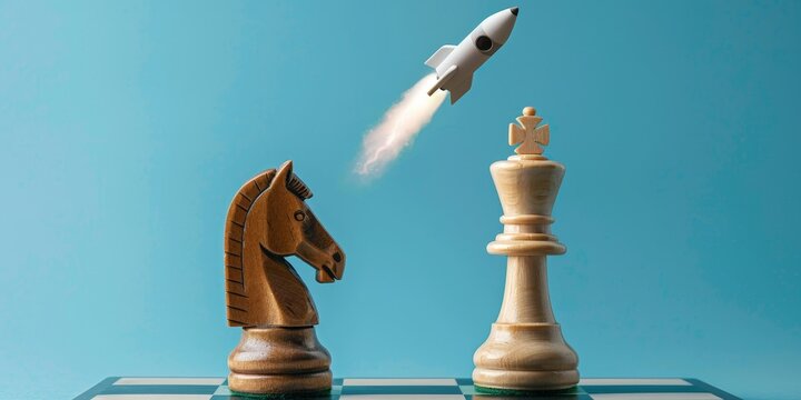 Rocket taking off near chess pieces on blue background, strategy concept in startup