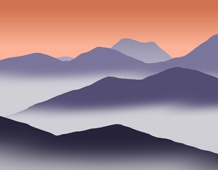 Eastern landscape with mountains in the fog.