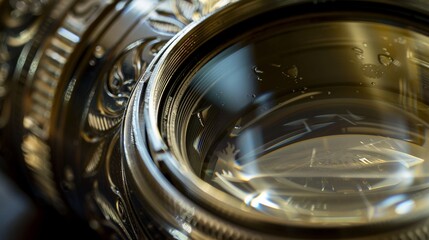 Detailed view of a vintage camera lens, emphasizing the glass elements and depth of the engravings no splash