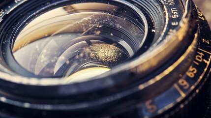 Detailed view of a vintage camera lens, emphasizing the glass elements and depth of the engravings no splash - obrazy, fototapety, plakaty