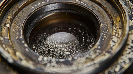 Detailed view of a vintage camera lens, emphasizing the glass elements and depth of the engravings no splash - obrazy, fototapety, plakaty