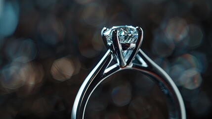 Closeup shot of an engagement ring with a dazzling diamond, focusing on the cut and brilliance against a dark, blurred background hyper realistic