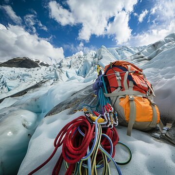 Climbing equipment on a glacier, adventure and challenge low noise