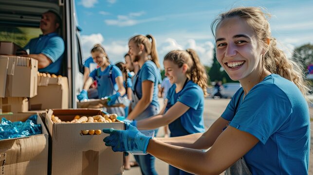 Smiling of volunteers packing food into cardboard boxes outside truck. Group volunteer working