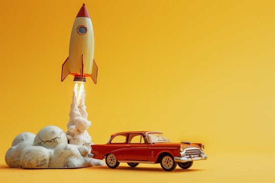 Rocket taking off near vintage car on yellow background