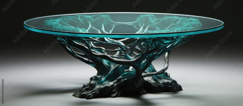 Poster a stunning glass table with a tree trunk base is elegantly displayed on a table. the modern design f