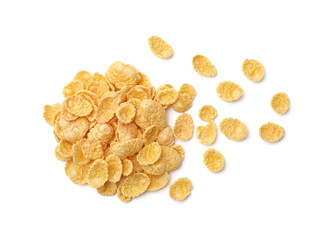 Breakfast cereal. Tasty sweet corn flakes isolated on white, top view