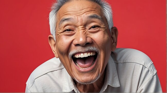 young filipino elderly man on plain bright red background laughing hysterically looking at camera background banner template ad marketing concept from Generative AI