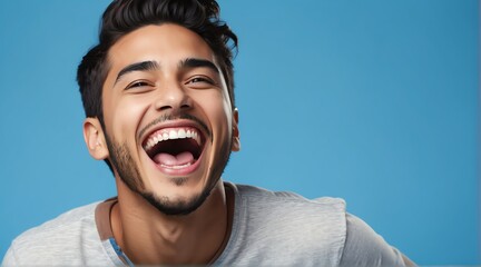 young hispanic man on plain bright blue background laughing hysterically looking at camera background banner template ad marketing concept from Generative AI
