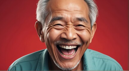 young indonesian elderly man on plain bright red background laughing hysterically looking at camera background banner template ad marketing concept from Generative AI