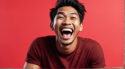 young indonesian man on plain bright red background laughing hysterically looking at camera background banner template ad marketing concept from Generative AI