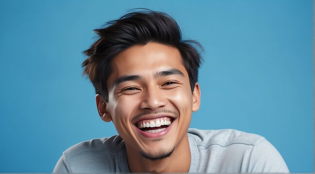 young indonesian man on plain bright blue background laughing hysterically looking at camera background banner template ad marketing concept from Generative AI