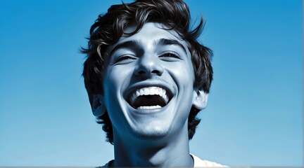 young italian teenage boy on plain bright blue background laughing hysterically looking at camera background banner template ad marketing concept from Generative AI