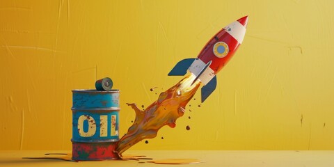 Rocket and oil barrel on yellow background, petroleum appreciation concept