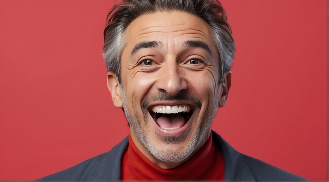 young italian middle aged man on plain bright red background laughing hysterically looking at camera background banner template ad marketing concept from Generative AI
