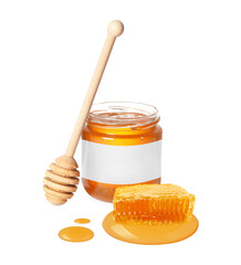 Sweet honey in glass jar with blank label, wooden honey dipper and piece of honeycomb on white background. Mockup for design