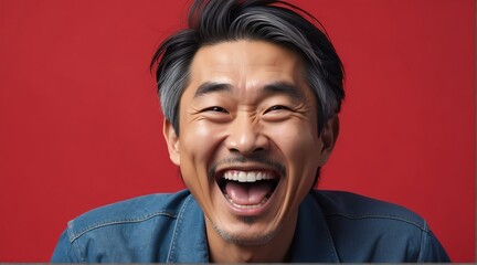 young japanese middle aged man on plain bright red background laughing hysterically looking at camera background banner template ad marketing concept from Generative AI
