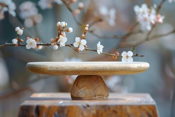 Tranquil Ceramic Plate Displaying Elegant Cherry Blossoms on Wooden Stand with Soft Bokeh Background