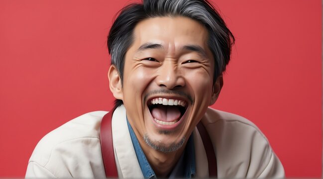 young japanese middle aged man on plain bright red background laughing hysterically looking at camera background banner template ad marketing concept from Generative AI
